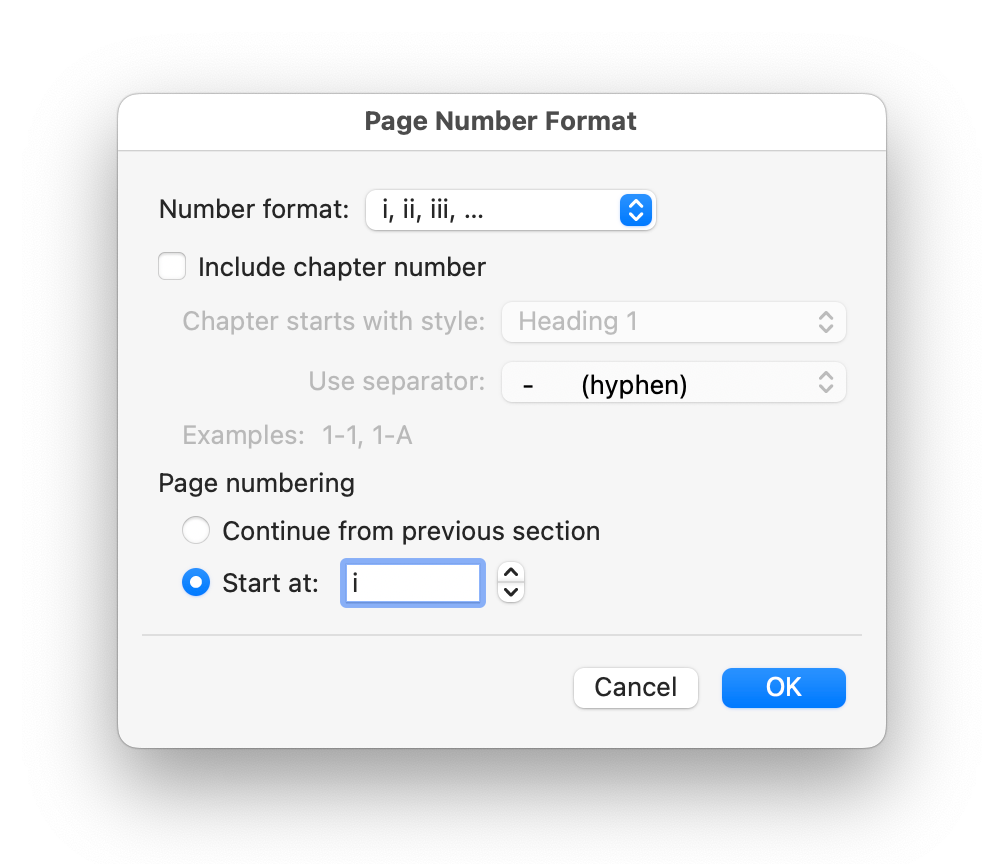 The Page Number Format dialog in Word, specifying lowercase Roman page numbering.